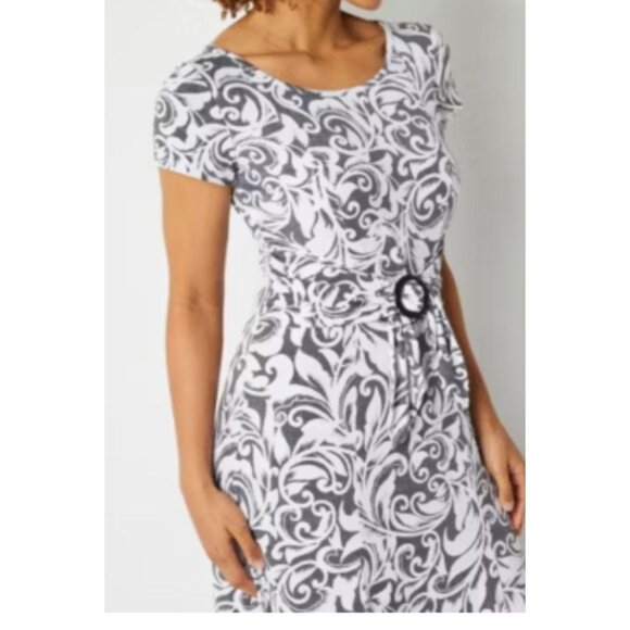 Perceptions Dress Short Sleeve Scroll Puff Print Midi Fit Flare Women Large Gray - Picture 5 of 10